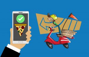 cartoon image of guy on bike delivering pizza